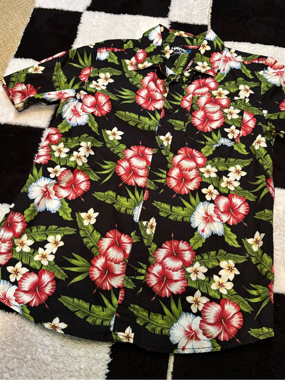 Tony Hawk Black Hawaiian Shirt with Red, Green & White Tropical Print